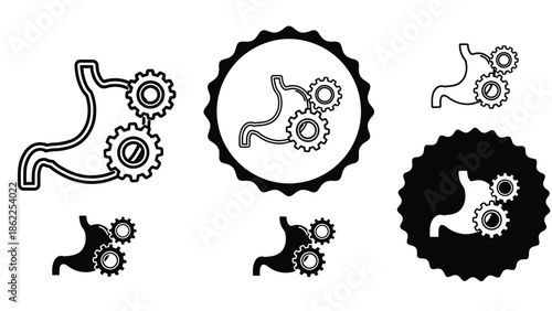 Digestive system illustrations with gears incorporated showcasing the mechanical aspects of digestion and internal organ function