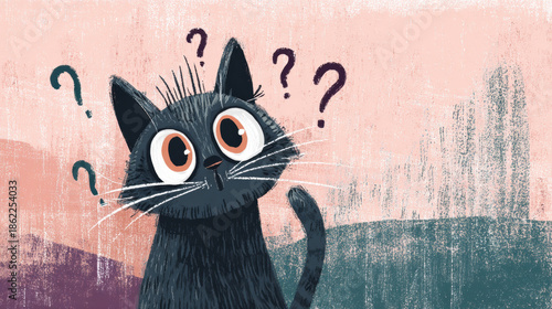 Cute confused cat with big eyes and question marks above its head, minimalistic pastel background