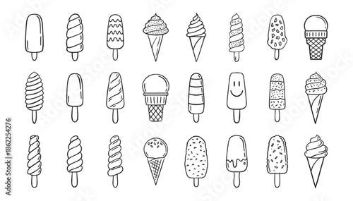  ice cream doodle hand drawn icon set. Outline drawing ice cream line clipart symbol collection