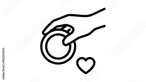 A simple black and white line drawing depicts a hand offering a ring above a small heart symbol