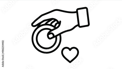 A simple black and white line drawing depicts a hand offering a coin over a heart symbol representing charity