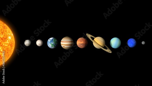 A captivating visual representation of our magnificent solar system, showcasing the Sun and its eight planets aligned in cosmic harmony against the vastness of space