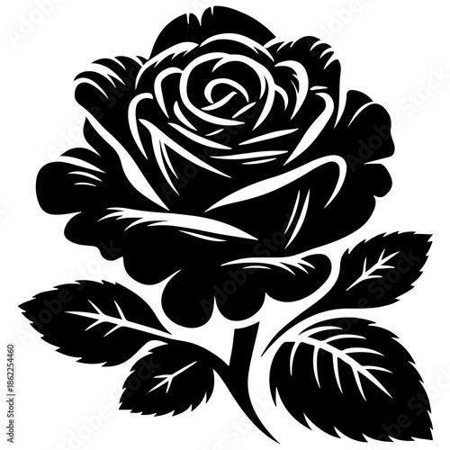 Stylish black rose silhouette with bold shapes and flowing petals. Suitable for tattoos, logos, gothic themes, romantic designs, posters, and minimalist floral artwork.