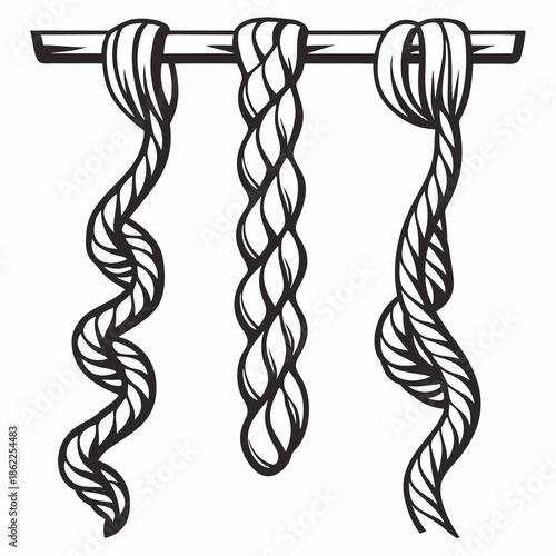 Three different styles of thick twisted rope segments hang vertically from a horizontal wooden bar in a simple graphic.