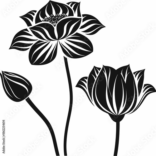 Striking black and white graphic illustration featuring three stylized lotus flowers including a fully bloomed blossom and two buds against a clean white background representing elegance.