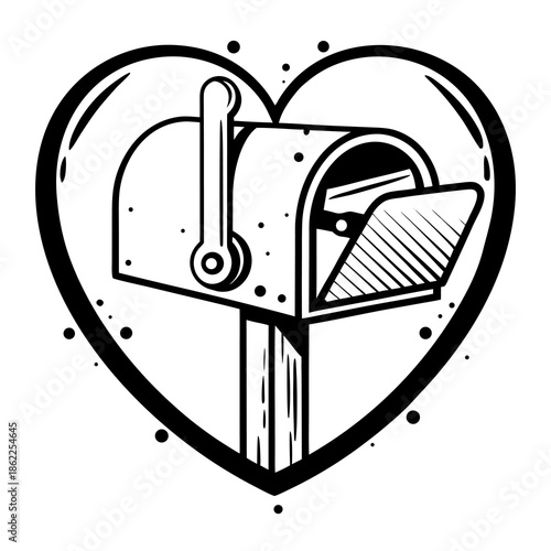 Black and white line art illustration of a mailbox framed within a bold heart shape symbolizing love mail