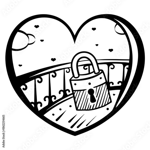 Black and white vector illustration of a love lock on a bridge railing inside a heart shape