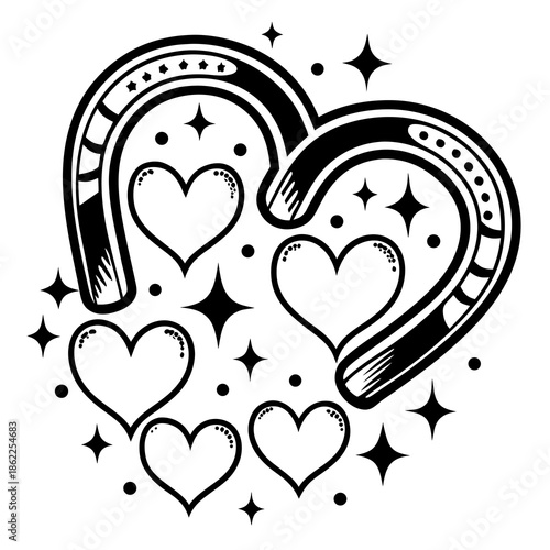 Lucky horseshoe and hearts design symbolizing good fortune and romance in a black and white graphic