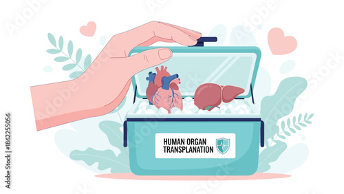 A gentle hand opens a teal medical case revealing vital organs including a heart and liver surrounded by love