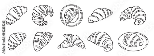 croissant doodle hand drawn icon set. Outline drawing croissant french breakfast line clipart symbol collection