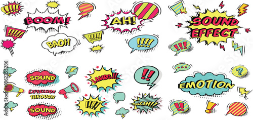 The image is a collection of cartoon speech bubbles with various words