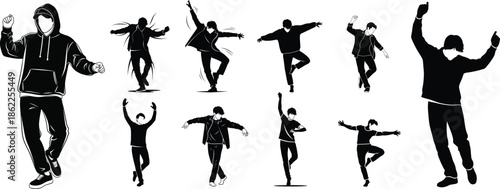 Silhouette of a man in various dance poses and movements