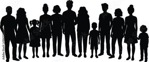Large diverse family silhouettes standing together, multi generation people group representing community, unity and social diversity isolated on white background