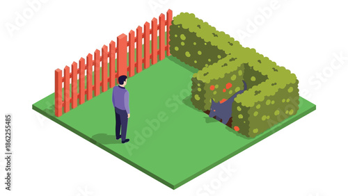 A stylized illustration depicts a person observing a gray cat hiding within a lush green hedge near a wooden fence