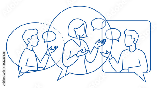 Stylized Group Dialogue and Communication Illustration, conversation illustration, group dialogue, speech bubble art, communication concept, people talking, discussion illustration, teamwork graphic,