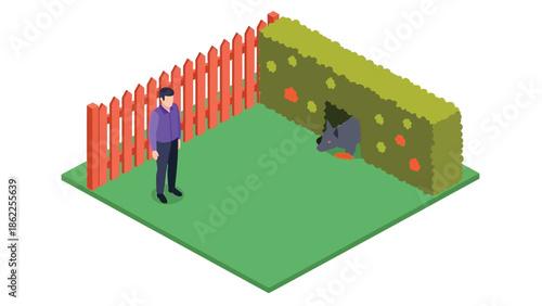 Isometric illustration depicts a man standing near a red picket fence and a dog peeking through a green hedge