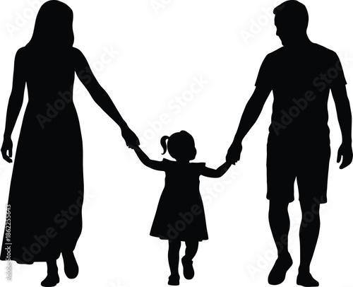 Parents holding hands with young daughter silhouette walking together, happy family bonding moment isolated on white background representing love and care
