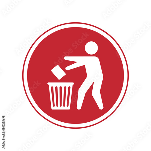 A red circular sign with a white pictogram of a person putting trash into a waste bin, symbolizing proper waste disposal.