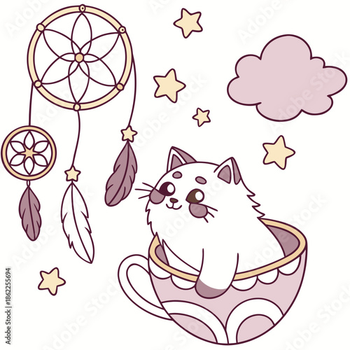 Cute SVG of a Cheerful Birman in Dreamland colors, featuring in a teacup in a Fantasy dream setting
