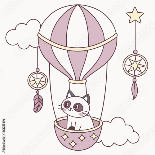 Vector illustration of a Gentle Birman with sitting in a teacup ride, styled in a Fantasy dream theme using Dreamland colors