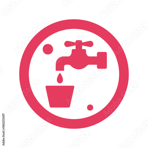 Red icon of a water tap dripping into a cup, symbolizing water conservation or access to clean drinking water.