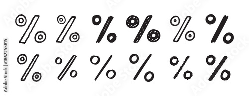 Percentage sign doodle hand drawn icon set. Outline drawing Percentage line clipart symbol collection