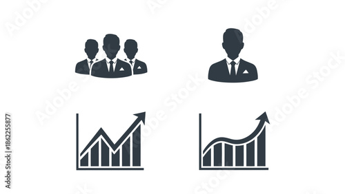 Illustrative icons depicting business team silhouettes growth charts and upward trending graphs in a minimalist monochromatic style