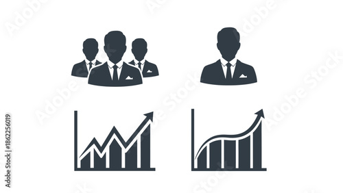 Silhouette icons depicting a group of business people alongside upward trending bar graphs symbolizing growth and success