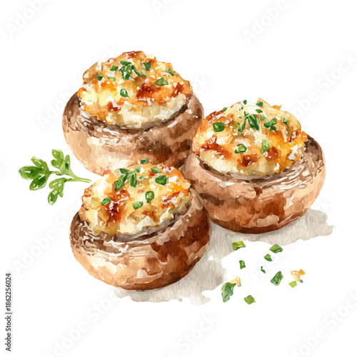 Watercolor-style vector illustration of Stuffed Mushrooms, isolated on a clean white background.