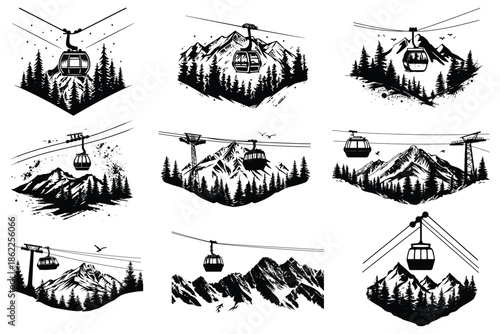 cable car vector set with mountain gondola and alpine transport silhouette illustration