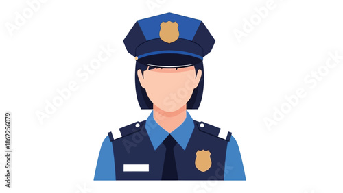 A digital illustration depicts a female police officer wearing a traditional uniform including a peaked cap and blue attire