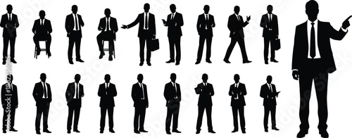 Silhouettes of business professionals in various poses and attire