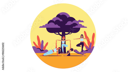A vibrant illustration depicts people practicing yoga and exercising outdoors beneath a stylized tree and warm sun