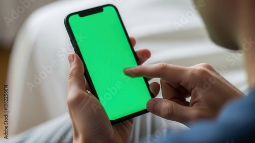 Person holding smartphone with green screen