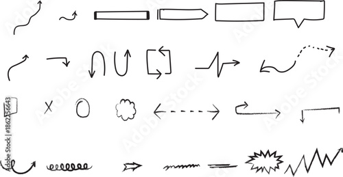 A collection of various hand drawn arrows and pointers in different styles and directions