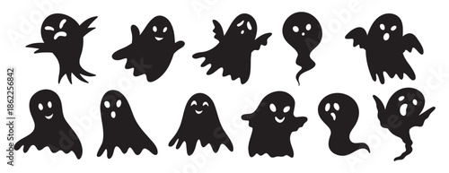 scary funny ghosts silhouette with faces set. Ghost Halloween decorative elements. Halloween silhouettes black ghost character