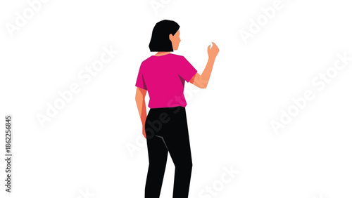 A minimalist vector illustration depicts a woman with short dark hair in a pink shirt and black pants gesturing with her