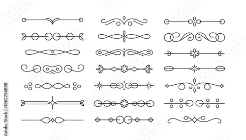 Ornamental text dividers and page rules collection showcasing calligraphic and linear design elements, elegant borders, decorative lines, vintage motifs, typography enhancement, and premium vector 
