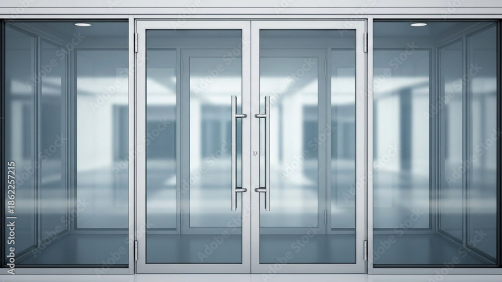 Fototapeta premium A modern, sleek office entrance features reflective glass double doors framed by large transparent walls.