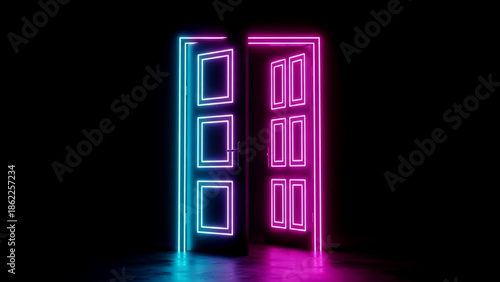 Vibrant neon blue and pink lights outline two open doors against a dark, futuristic background.