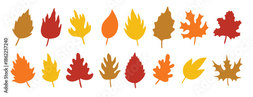 silhouette autumn leaves, yellow, orange and red herbal elements. fall simple leaves. silhouettes of autumn botanical flat isolated leaves