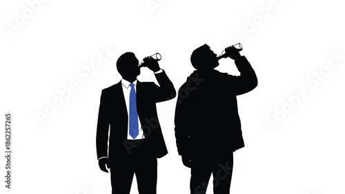 Two silhouetted figures celebrating with raised drinks a suit and casual attire against a stark white background