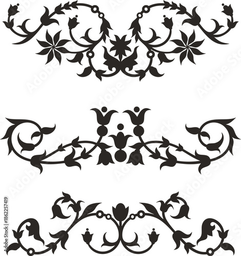 Vector Byzantine ornamental floral set. Traditional decorations from ancient Greece, Eastern Roman Empire. Great for page decorations, greeting cards, wedding decor, textiles, carpets, silk, tapestry.