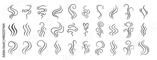 Fire steam or Line smoke doodle hand drawn set. smell waves from food or coffee and beverages sketch style.