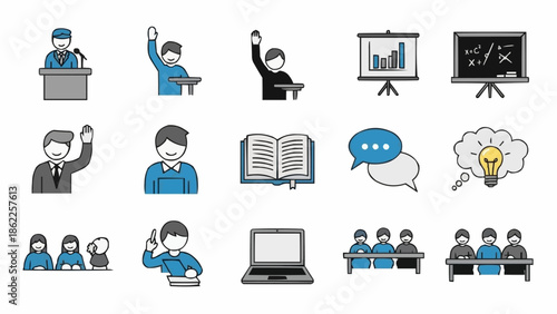 Educational Icons Depicting Learning, Teaching, and Academic Concepts.
