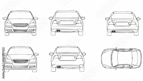 Car Design Schematics - Front, Back, and Top Views.