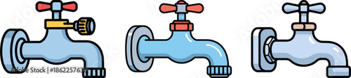 Three different types of taps with varied designs and colors on a transparent background for plumbing and water supply purposes