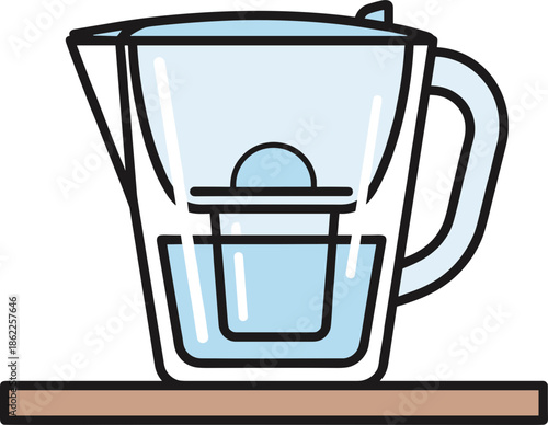 Water pitcher with filter on a wooden table on a transparent background, showcasing modern design, clean lines, and minimalist style for sustainable living.