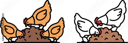 Chickens foraging and pecking at soil on a transparent background with a colorful design featuring two different colored birds.