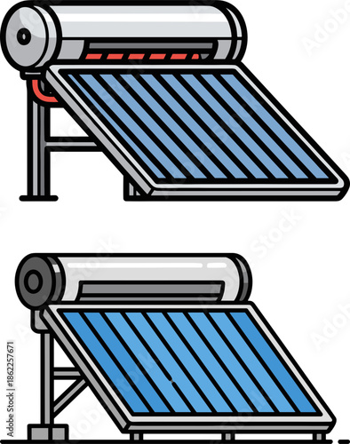 Solar water heater system depicted on a transparent background with angled blue panels and a cylindrical tank, showcasing renewable energy technology in a modern design